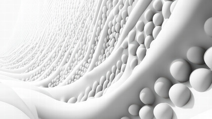 Realistic illustration of white spheres in motion, creating dynamic and fluid visual effect. design showcases wave like pattern, emphasizing depth and texture