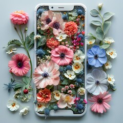 A white smartphone with a screen made entirely of vibrant flowers, including pink, blue, and white blossoms. A beautiful blend of technology and nature, symbolizing harmony and creativity.