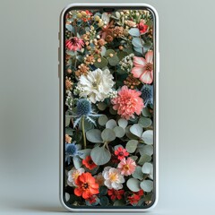 A white smartphone with a screen filled with various flowers in vibrant colors like red, pink, white, and blue, surrounded by green leaves. A stunning combination of technology and freshness of spring