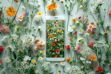 A white smartphone with a screen displaying a lush garden of colorful flowers. Surrounded by scattered blooms and greenery, it symbolizes a fresh and vibrant connection between spring and technology.