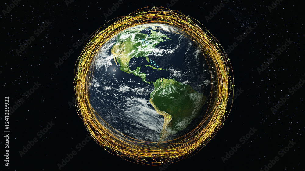 Poster earth with network lines orbiting around, representing global connectivity, technology, and space ex