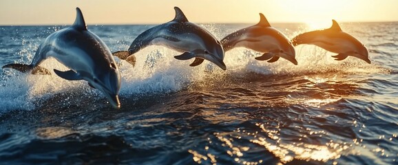 Obraz premium Dolphins leaping ocean sunset; wildlife background