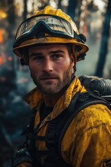 Fototapeta premium Portrait of a firefighter in action amidst a smoky forest wildfire