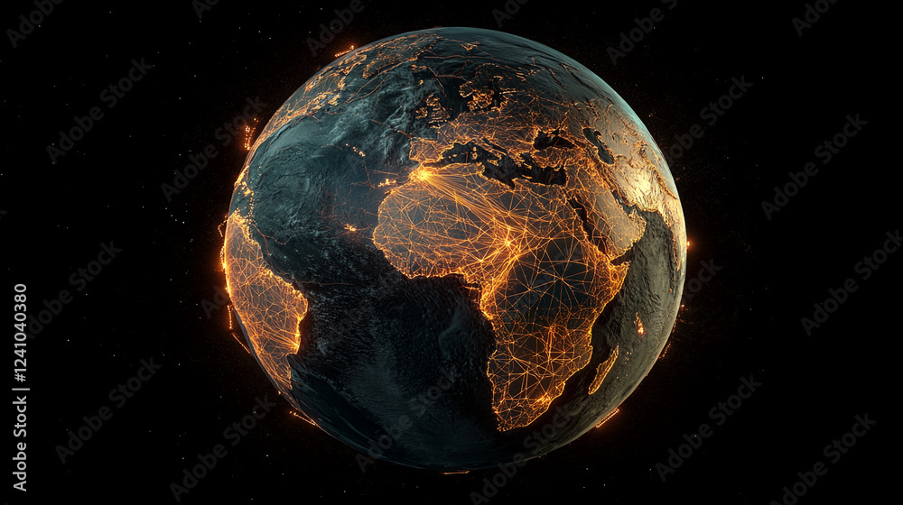 Poster Global network of connections over Earth, with glowing lines representing data transfer, digital technology, and communication. Symbolizing a connected world in the digital age.