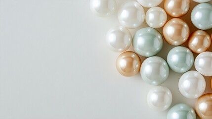 Elegant Abstract pastel pearls in mint green pale pink and soft gold on a smooth ivory background evoking opulence and grace 