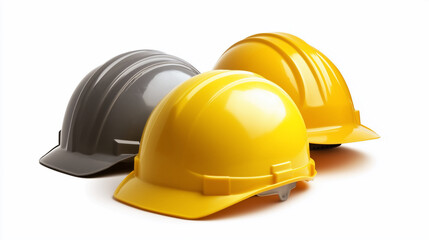 Fototapeta premium Three Construction Helmets Isolated on White Background – Yellow, Grey Hard Hats