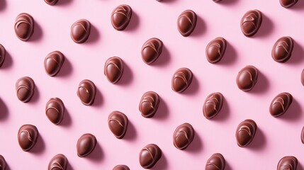 Fototapeta premium A Symphony of Hearts: A Delightful Collection of Exquisite Chocolate Hearts, Beautifully Displayed on a Pastel Pink Surface, Creating a Scene of Pure Romance and Sweet Indulgence