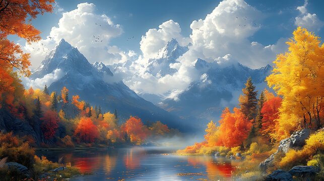 Autumnal mountain lake scene, vibrant foliage, misty sunrise, idyllic landscape, calendar art