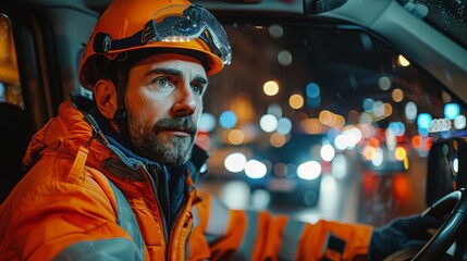 Focused Construction Worker in Safety Gear Driving Through Busy Night City Street with Bokeh City Lights and Reflectionsconstruction worker
