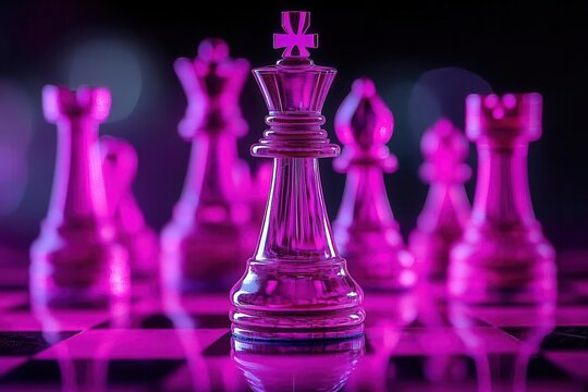 chess pieces in vibrant magenta against a dark background, creating a striking visual contrast, enhancing the strategic essence of the game while adding a modern artistic twist