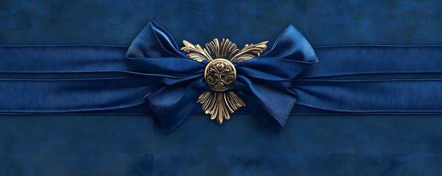 Elegant blue ribbon with a decorative golden emblem, perfect for gift wrapping or invitations