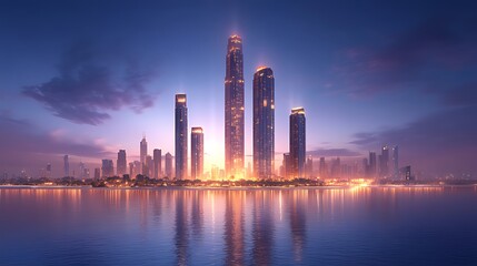 Obraz premium Skyscrapers sunrise waterfront city skyline rendering