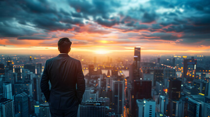 Naklejka premium City skyline at sunset with a businessman overlooking the horizon. Generative AI