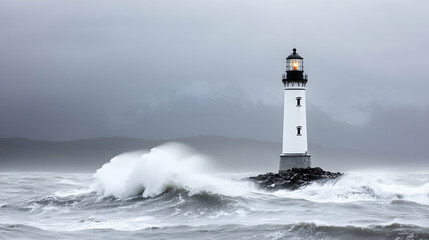 Obraz premium Lighthouse stands tall amidst turbulent waves during a stormy day. Generative AI