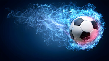 Naklejka premium Soccer ball surrounded by dynamic blue and white flames in motion. Generative AI