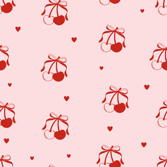 Seamless pattern with cherries and coquette bows on pink background. Cherries with heart. Valentines print. Vector illustration for wrapping paper, packaging, fabric, room decor, phone case etc.