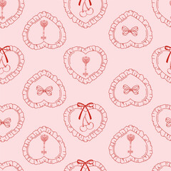 Seamless pattern with linear heart shaped pillow with ruffles, cherries, bows, vintage heart shaped key on pink background. Vector illustration for wrapping paper, packaging, fabric, phone case etc.