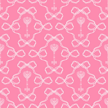 Seamless pattern with linear bow knots and vintage heart shaped key. Editable vector illustration for wrapping paper, packaging, fabric, wallpaper, phone case etc.