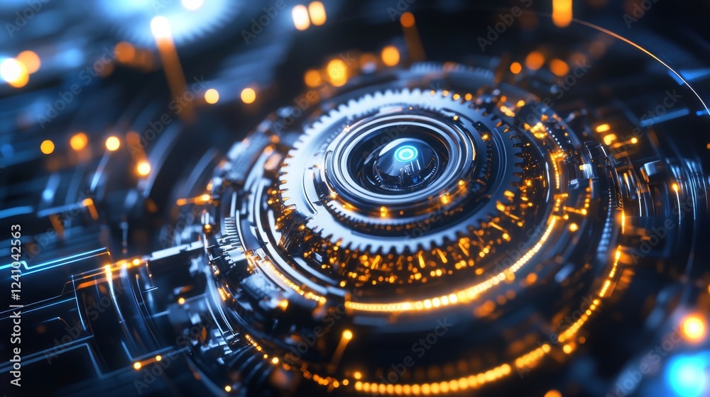 Poster high-tech abstract design featuring glowing circular patterns and intricate details in 4k resolution
