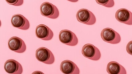 Fototapeta premium A Symphony of Hearts: A Delightful Collection of Exquisite Chocolate Hearts, Beautifully Displayed on a Pastel Pink Surface, Creating a Scene of Pure Romance and Sweet Indulgence