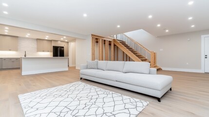 Modern basement living room with stairs, kitchen view