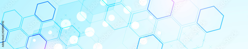 Poster Abstract science background with hexagons. Blue gradient. Vector.