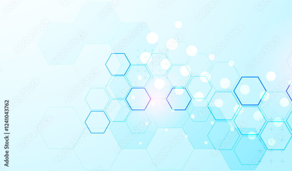 Poster Abstract science background with hexagons. Blue gradient. Vector.