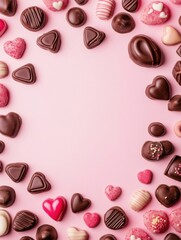 Fototapeta premium A Symphony of Hearts: A Delightful Collection of Exquisite Chocolate Hearts, Beautifully Displayed on a Pastel Pink Surface, Creating a Scene of Pure Romance and Sweet Indulgence