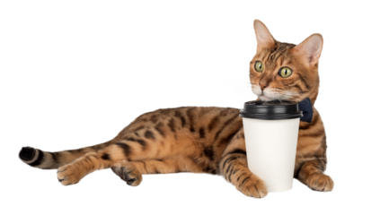 Domestic cat holding paper cup of coffee.