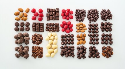 Assorted Chocolates and Nuts in Various Shapes and Textures Arranged on a White Background for Culinary Inspiration