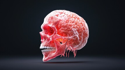 Red skull brain anatomy, dark background, medical illustration
