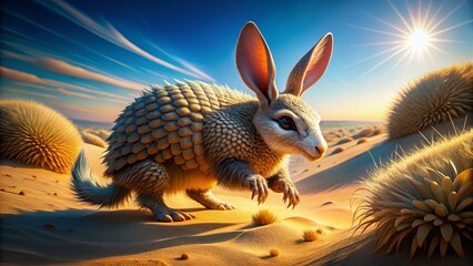 Naklejka premium Desert Hopper: Adorable Hybrid Rabbit-Armadillo with Soft Fur and Scales