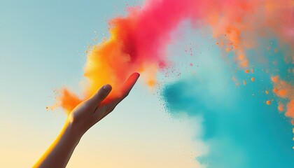 Colorful powder explosion in maximalism style with copy space