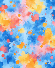 Bright watercolor pattern with vibrant splashes of blue, orange, and yellow