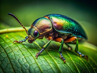 Naklejka premium Detailed Macro Photography: Beetle Bug Crawling on Vibrant Green Leaf