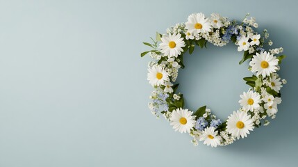 Elegant Delicate floral wreath of daisies and forget me nots isolated on a smooth gradient background of pale blue and sunny yellow May celebrations 