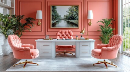 A dynamic office with pale coral walls, white furniture, coral upholstered chairs, brass lighting, and clean design lines for a vibrant professional setup 