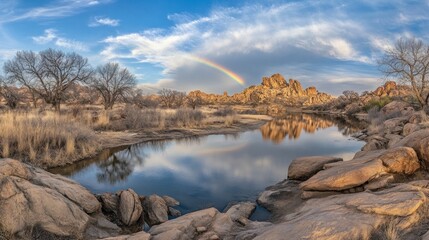 Panoramic view of a serene lake reflecting a rainbow and rocky landscape under a partly cloudy sky.
