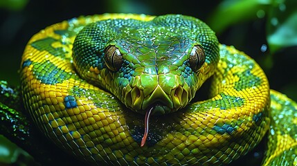 Fototapeta premium Green tree python coiled, jungle background, wildlife close-up