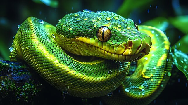 Green tree python rainforest rain closeup wildlife
