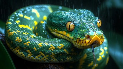 Fototapeta premium Green tree python rainforest rain closeup reptile