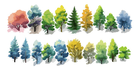 Watercolor trees set, different color mix, hand-drawn top view, vector for landscape plan, garden, architecture layout, isolated on white, environment, spring, summer