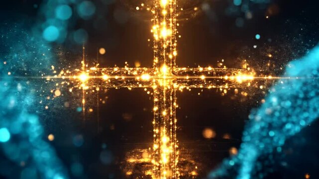 Christian background. Cross of molecules and DNA on cosmic background