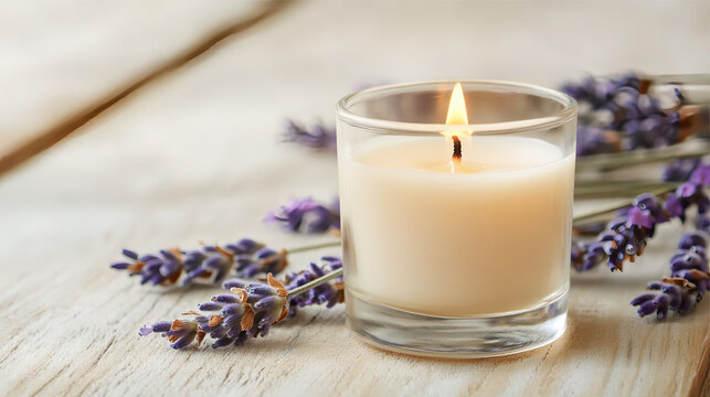 Small aromatherapy candle in a clear glass with a soft flame, placed on a light brown wooden table, dried lavender flowers around the candle. AI generated images.