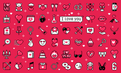 Pixel art Valentines day icon set with Y2K aesthetic in retro 8-bit style. Includes hearts, gifts, rings, arrows, and love messages. Romantic design for holiday and love projects
