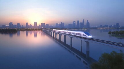 Fototapeta premium High-speed train crossing a bridge over water at sunrise, city skyline in background.