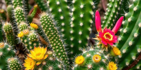 Fototapeta premium Close-up shot of a vibrant blooming cactus surrounded by lush greenery in a botanical garden, exotic, gardening, cactus