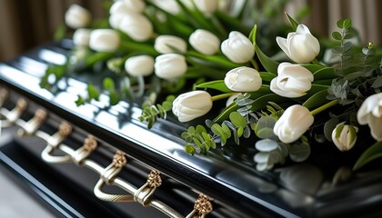 Elegant black casket adorned with white tulips and greenery