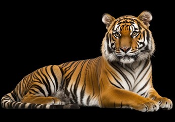 Fototapeta premium Full shot of a large cat lying down against a dark background, showcasing its orange and black striped coat with visible details. The cat's