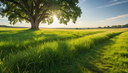 Obraz premium Green grass field with tree in summer sunlight